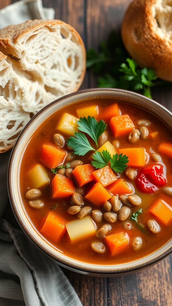 A bowl of lentil vegetable soup with carrots, celery, and bell peppers, garnished with parsley, served with bread.